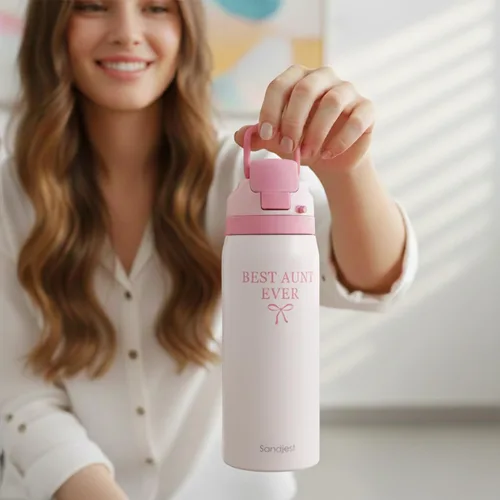 Vista 6 de Botella de agua aislada de acero inoxidable SANDJEST con pajita para deportes y viajes, la mejor tía de siempre, 946ml, regalos para mujeres, día