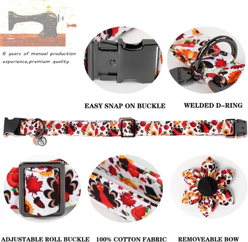 Vista 3 de DOGWONG - Collar de Acción de Gracias con Bellota y Flor para Perro, Collar de Perro de Pavo Otoñal, Collar de Calabaza de Algodón Suave y Duradero
