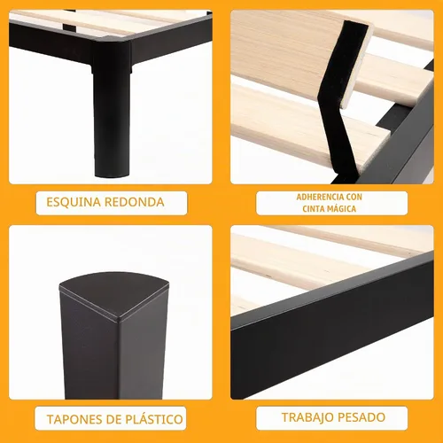 Vista 4 de MAF - Base de cama de plataforma de 14 pulgadas para cama individual con listones de madera, base de cama de metal resistente de 3500 libras