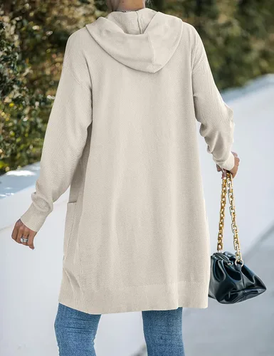 Vista 5 de MEROKEETY - Cárdigan de punto y de manga larga 2023 para mujer, suéter con parte delantera abierta y capucha Beige