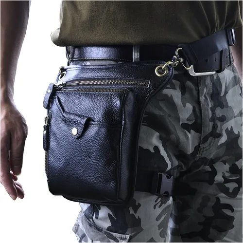 Vista 2 de Le'aokuu - Bolso de pierna para moto, de cuero genuino, para hombre, bolso tipo mensajero a la cintura), 211-5