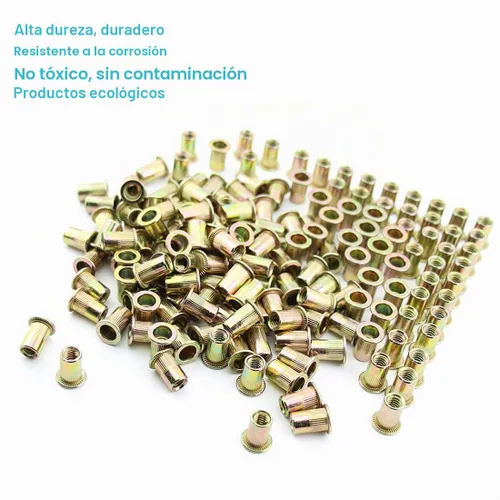 Vista 4 de 100 tuercas remachadoras de 1/4 "-20 UNC, acero al carbono, cabeza plana moleteada, cuerpo moleteado, tuercas de inserción roscadas (1/4-20 remaches)