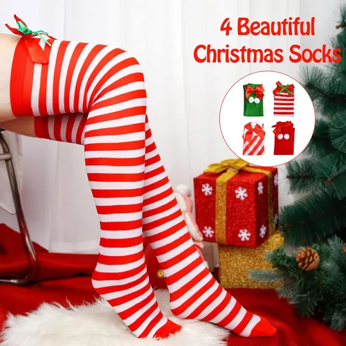 Vista 7 de SATINIOR 4 pares de calcetines altos de Navidad a rayas rojas y blancas con lazo sobre la rodilla, medias de bastones de caramelo, Bonito estilo.