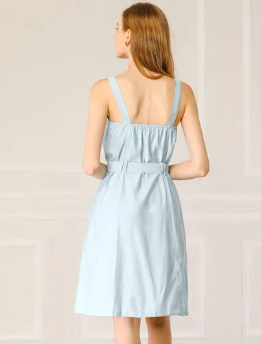 Vista 4 de Allegra K - Vestido de mujer con cuello corazón y bolsillos con cinturón con botón frontal y correa de espagueti