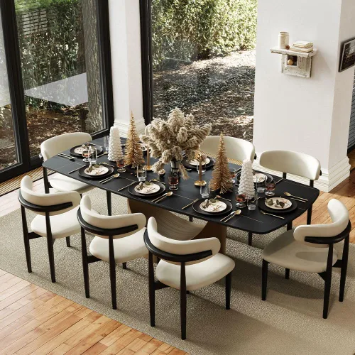 Vista 25 de POVISON Juego de mesa de comedor para 4, mesa rectangular negra de piedra sinterizada mate de 63 pulgadas con base de acero al carbono bronce, silla