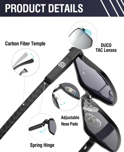 Vista 3 de DUCO Gafas de sol polarizadas rectangulares retro para hombres, tonos de fibra de carbono de moda