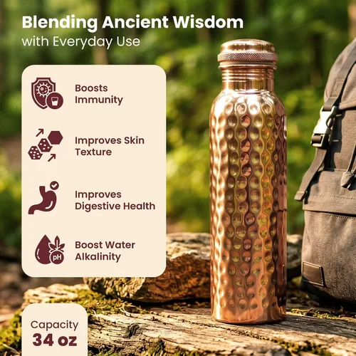 Vista 3 de Botella de agua de cobre puro para beber, probada en laboratorio, vaso 100% puro, botella de cobre ayurvédico martillado, 34 onzas