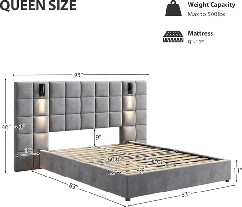 Vista 2 de Base de cama tamaño King con cabecero de 46 pulgadas de alto, plataforma tapizada de terciopelo, cabecera de tela suave copetuda, lámparas