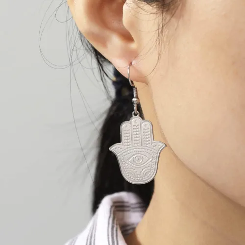 Vista 2 de Pendientes colgantes con gancho de ojo malvado, mano de Fátima, estrella y luna, joyería delicada para mujer