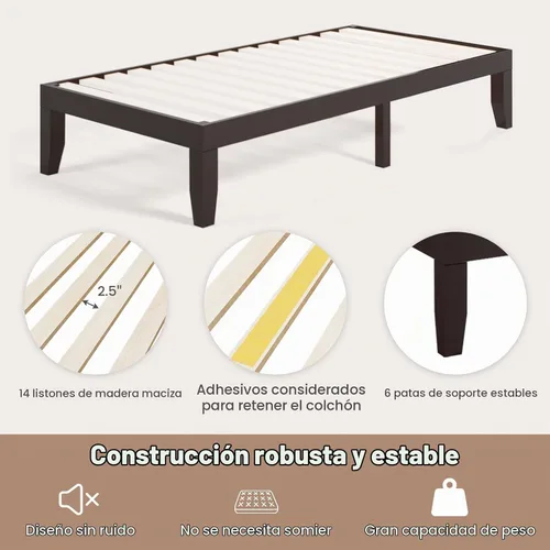 Vista 4 de Giantex Marco de Cama de Plataforma de Madera Individual de 14 Pulgadas, Base de Colchón Minimalista con Madera de Caucho Sólida, Soporte