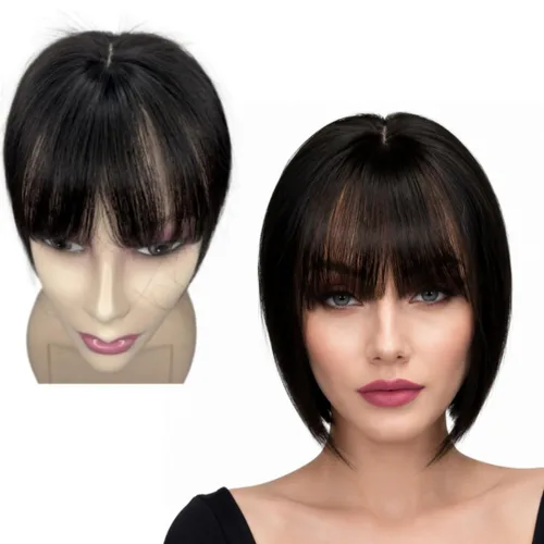 Vista 7 de Anemone Flequillo de cabello humano con clip para mujer, base de encaje de seda 3D, extensión de cabello natural falso para retroceder la línea