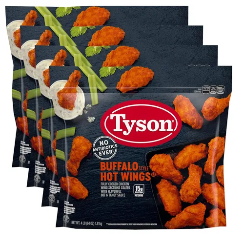 Vista 8 de Tyson Alitas de pollo con hueso estilo búfalo totalmente cocidas, con sabrosa salsa picante y picante, 0.55 onzas de proteína por porción, paquete