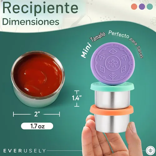 Vista 2 de Everusely Vasos para condimentos – Paquete de 3, 1.7 oz / 1.7 fl oz, brillantes, de acero inoxidable – Recipientes de condimentos con tapas