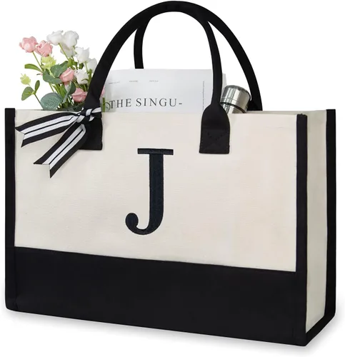 Vista 528 de TOPDesign Personalized Initial Canvas Beach Bag, Monogrammed Gift Tote Bag for Women