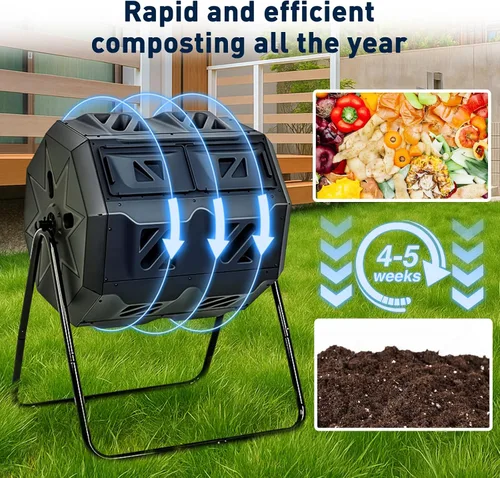 Vista 3 de Yesker Contenedor de compostaje de doble cámara para exteriores, compostador giratorio de 43 galones con puertas correderas, montaje rápido