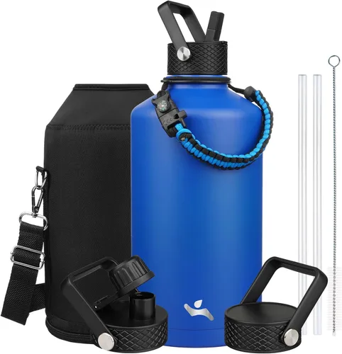 Vista 64 de Konokyo - Botella de agua aislada de 18 onzas, botellas deportivas de acero inoxidable con 3 tapas, verde militar