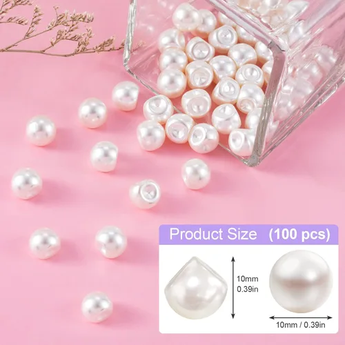Vista 3 de HINZIC 100 botones redondos de perlas de 0.394 pulgadas a granel con agujero, accesorios de decoración de cuentas de perlas de plástico blanco
