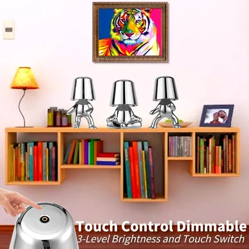 Vista 3 de Thinker Lamp Collection - Lámpara de mesa inalámbrica con estatua de señor plateado, bonita lámpara de escritorio, funciona con pilas, regulable