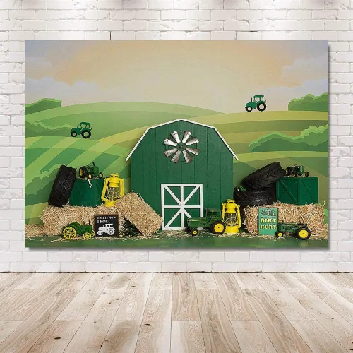 Vista 4 de MEHOFOND Telón de fondo de fiesta de cumpleaños de tractor para niño y niña, feliz primer cumpleaños, retrato de granja verde, fotografía de fondo