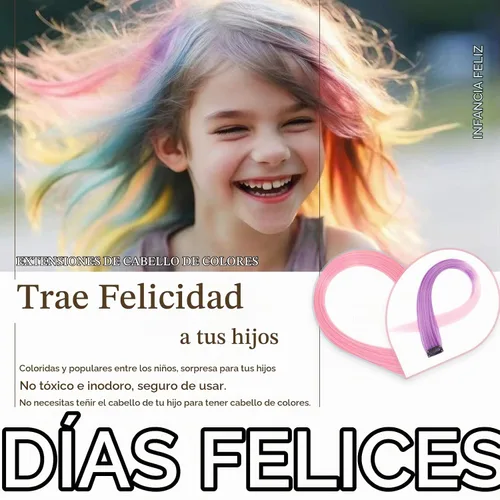 Vista 6 de Extensiones de cabello de colores, extensión de cabello liso con clip de 22 pulgadas, extensiones de cabello con brillantina multicolor arcoíris