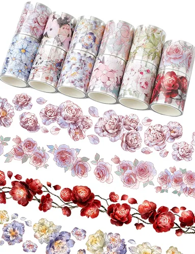 Vista 11 de Juego de 12 Rollos de Cinta Washi Floral de PET y Pegatinas de PET – Fácil de Usar para Journaling y Elaboración de Tarjetas, Ideal