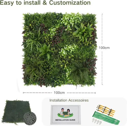 Vista 2 de ULAND Paneles de pared de plantas artificiales, 1 pieza de 40 x 40 pulgadas, decoración de fondo de pared de césped verde, hojas de hiedra