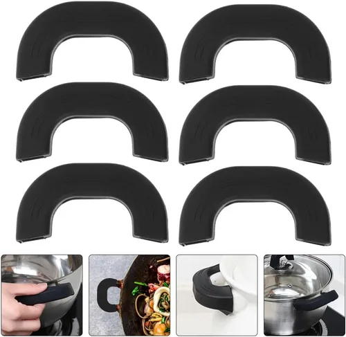 Vista 9 de Cabilock Funda de silicona con orejas de olla para mango, 6 unidades, cubierta de mango para olla, protectores para woks, sopa, color negro