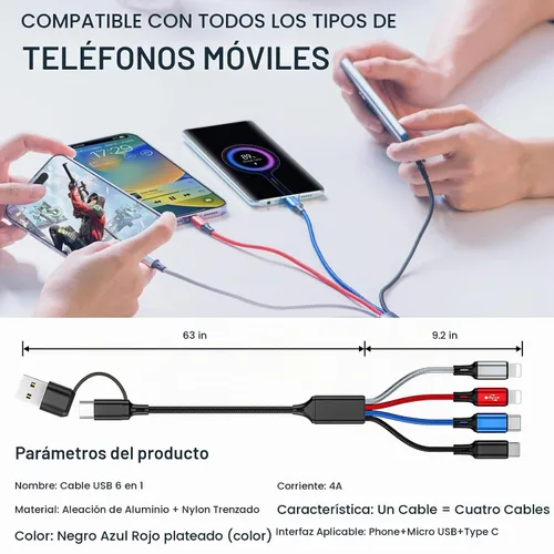 Vista 5 de Cable de carga múltiple 6 en 1, paquete de 2 cables USB de 6 pies, cable de carga 3A, cable de carga USB universal A/C trenzado con 2 puertos