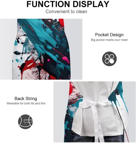 Vista 6 de MUSM Apron for Adults - 27.6 X 31.5 Inch, Heavy-Duty Polyester Aprons with Two Large Pockets, Waterproof Abstract Paint Splashes Kitchen Apron for