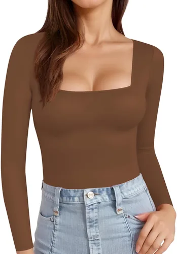 Vista 40 de MANGOPOP - Camisetas ajustadas de manga corta y manga larga con cuello cuadrado para mujer A01 Manga Corta Negro