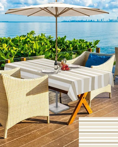 Vista 3 de Mantel rectangular para exteriores con agujero para sombrilla y cremallera, a rayas blancas y beige, 52 x 70 pulgadas, impermeable, para exteriores