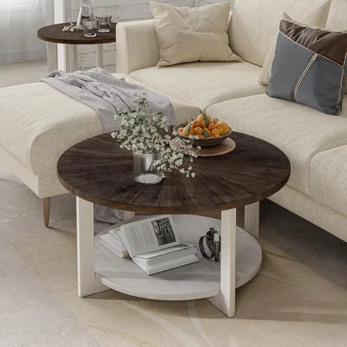 Vista 6 de Mesas de centro redondas de madera con almacenamiento, mesa de centro rústica con parte superior de madera envejecida, mesa circular grande