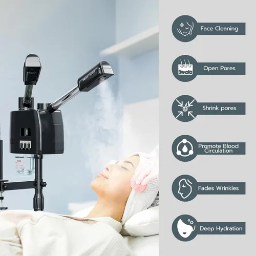 Vista 3 de Paddie Vaporizador facial profesional 3 en 1 sobre ruedas para esteticista, niebla fría y caliente, lámpara de aumento LED 5X, color negro