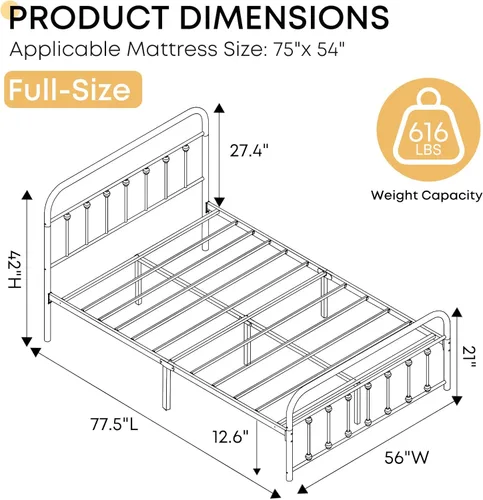 Vista 2 de Base de cama de tamaño matrimonial, base de colchón clásica con plataforma de metal con estilo victoriano, cabecera, estribo, espacio