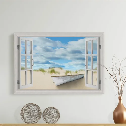 Vista 5 de Renditions Gallery Lienzo decorativo para pared, vista de barco viejo atracado en la playa de arena blanca, obra de arte para colgar en la pared