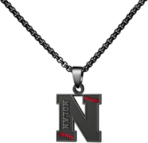 Vista 79 de Ldurian Collar personalizado con nombre de béisbol, cadena negra de acero inoxidable, collar con nombre deportivo, letra A-Z de 24 pulgadas, regalos
