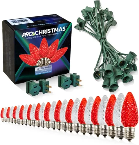 Vista 25 de Pro Christmas - Kit de luces C9 para exteriores, blanco cálido, cable verde, 50 bombillas, 50 pies