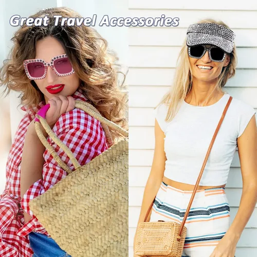 Vista 2 de Peicees Viseras brillantes con diamantes de imitación con lentes de sol cuadrados brillantes para mujeres y niñas, gorra deportiva para playa