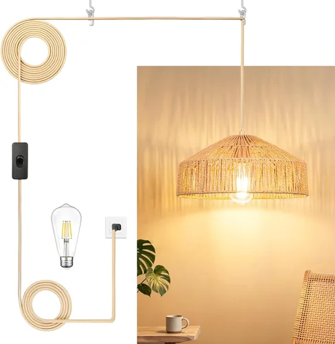 Vista 7 de Luz Colgante Enchufable, Lámpara Colgante con Cable Enchufable, Luces Colgantes Rústicas de Granja con Bombilla Regulable de 3 Vías, Accesorios
