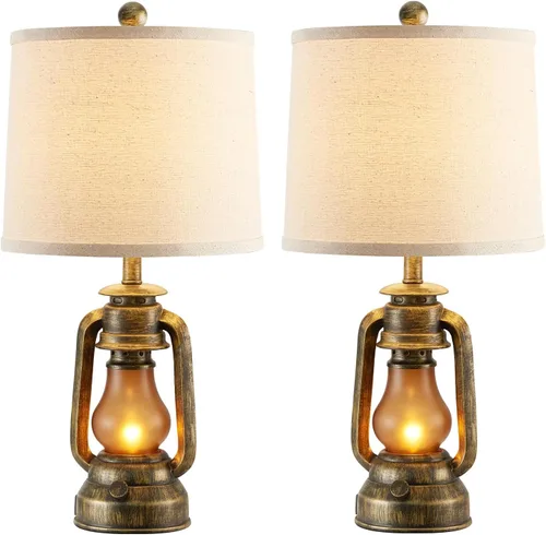 Vista 9 de Juego de 2 lámparas de mesa de linterna estilo granja para sala de estar con 2 puertos de carga USB, lámparas rústicas vintage para mesita de noche