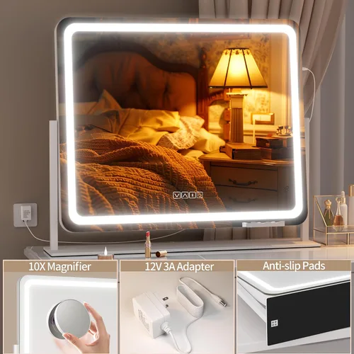 Vista 6 de Hasipu Espejo de tocador con luces y altavoz Bluetooth, espejo LED de maquillaje de 23.6 x 19.7 pulgadas, espejo iluminado con aumento de 10X