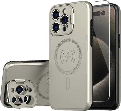 Vista 12 de Funda para iPhone 15 Plus compatible con MagSafe Charger plegable, soporte protector de cámara, superficie brillante brillante de doble capa