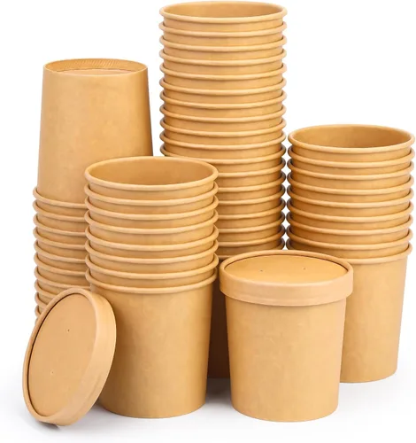 Vista 11 de Paquete de 25 recipientes de sopa de 8 onzas con tapas, taza de sopa de papel desechable, recipientes de papel para alimentos con tapas, recipiente