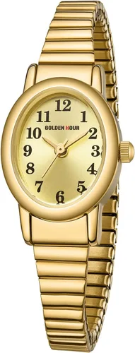 Vista 8 de GOLDEN HOUR Reloj dorado de fácil lectura para mujer con banda de expansión, caja ovalada