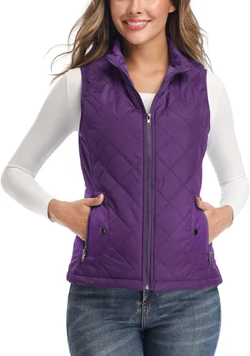 Vista 19 de LONGKING Chaleco de mujer, cuello alto, ligero, con cremallera, acolchado para mujer Rosa albaricoque