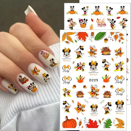 Vista 3 de 12 hojas de calcomanías de arte de uñas de hojas de arce de dibujos animados, calcomanías autoadhesivas 3D, calabazas de otoño, diseños