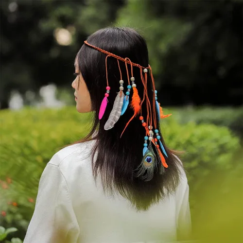 Vista 6 de Outyua Thurquoise Bohomian - Tocado de plumas largas de plumas gitanas nativas de pavo real diadema ajustable de plumas