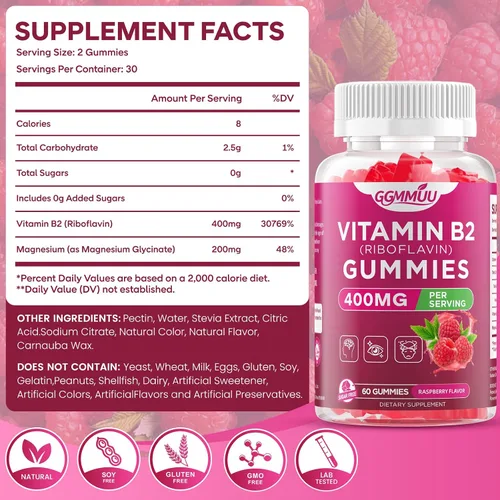 Vista 2 de Gomitas de vitamina B2 con riboflavina de 400 mg con magnesio para niños y adultos, gomitas B2 para apoyo del sistema nervioso y salud de la piel