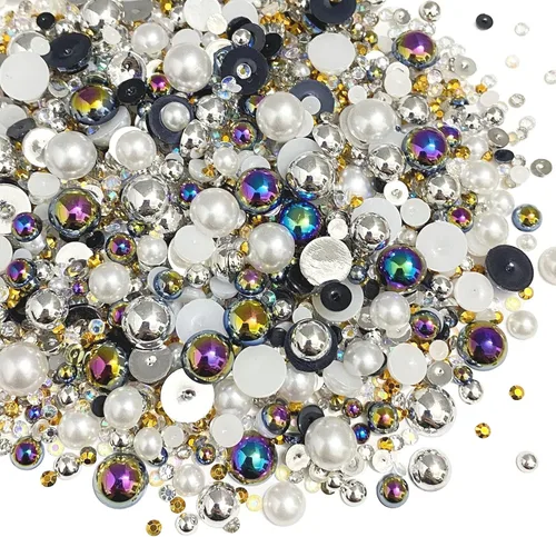 Vista 9 de Diamantes de imitación de resina mixta de 3.53 oz con parte trasera plana, perlas semicirculares, tamaños mixtos de 0.116 a 0.394 pulgadas