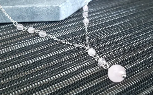 Vista 6 de Natural Crystal Bead Rose Quartz Y Shaped Lariat Necklace Non-Tarnish Steel Chain
